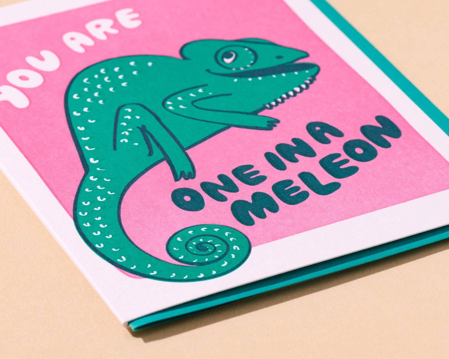 Letterpress Love Card—One in a Meleon (Chameleon, Cute)