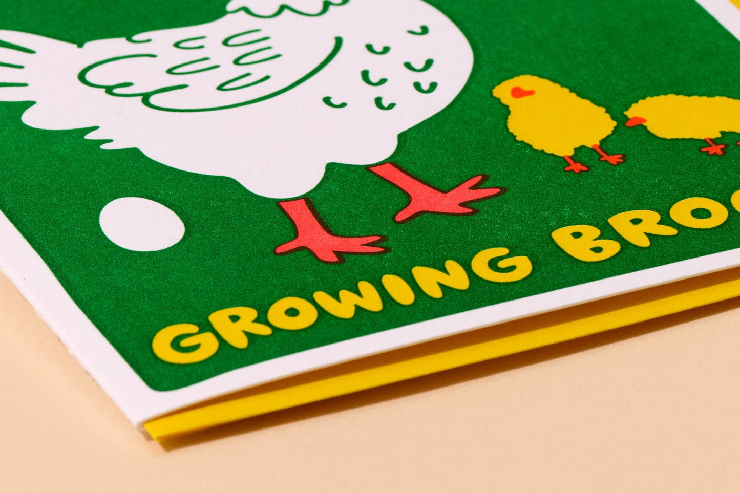 Letterpress New Baby Card—Growing Brood (Chicken Hen, Funny)