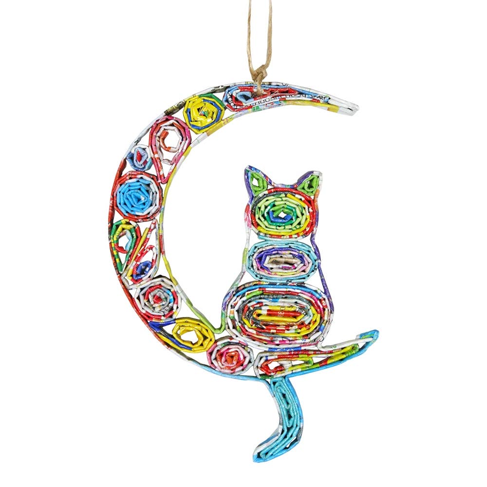 Recycled Magazine Cat & Moon Ornament  TLV144