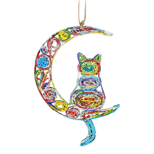 Recycled Magazine Cat & Moon Ornament  TLV144