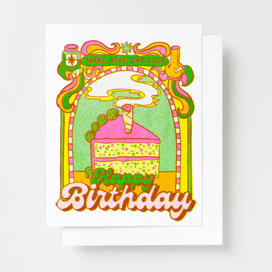 Happy Birthday Wake Bake Eat Cake | Weed 420 Risograph Card