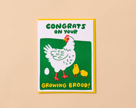 Letterpress New Baby Card—Growing Brood (Chicken Hen, Funny)