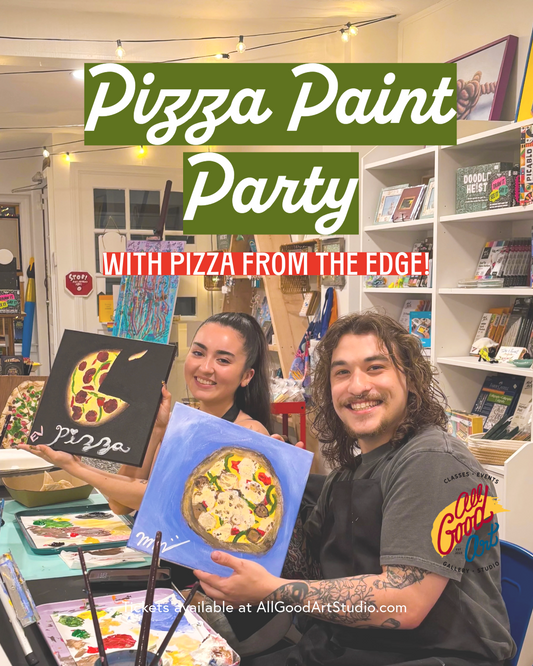 Two people holding up pizza-themed paintings with a 'Pizza Paint Party' sign above them.