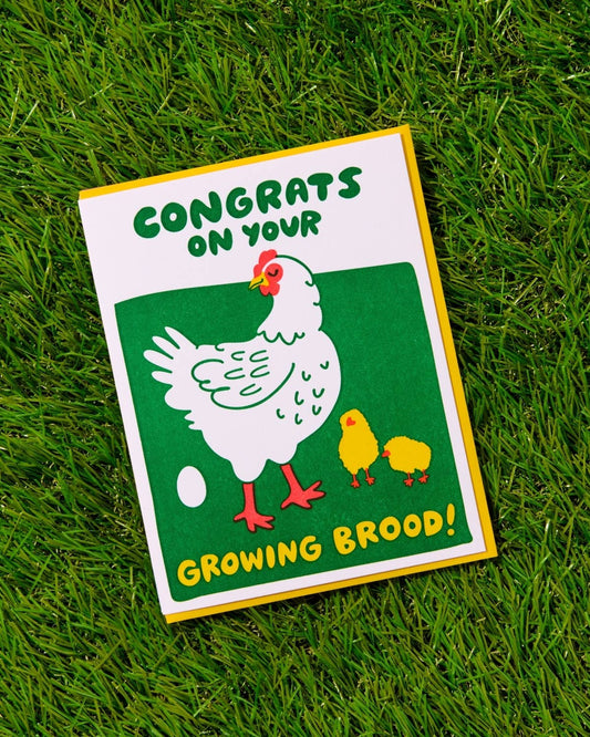 Letterpress New Baby Card—Growing Brood (Chicken Hen, Funny)